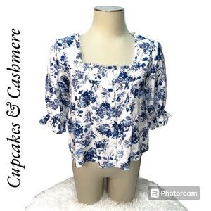 Cupcakes & Cashmere Linen Blend Blue Floral Puff Sleeve Women's Size XS